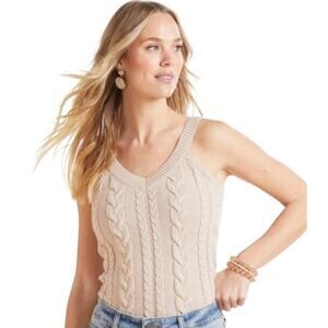 Evereve Maeve V-Neck Cable Knit 100% Cotton Tank Top Neutral Oatmeal Size Large